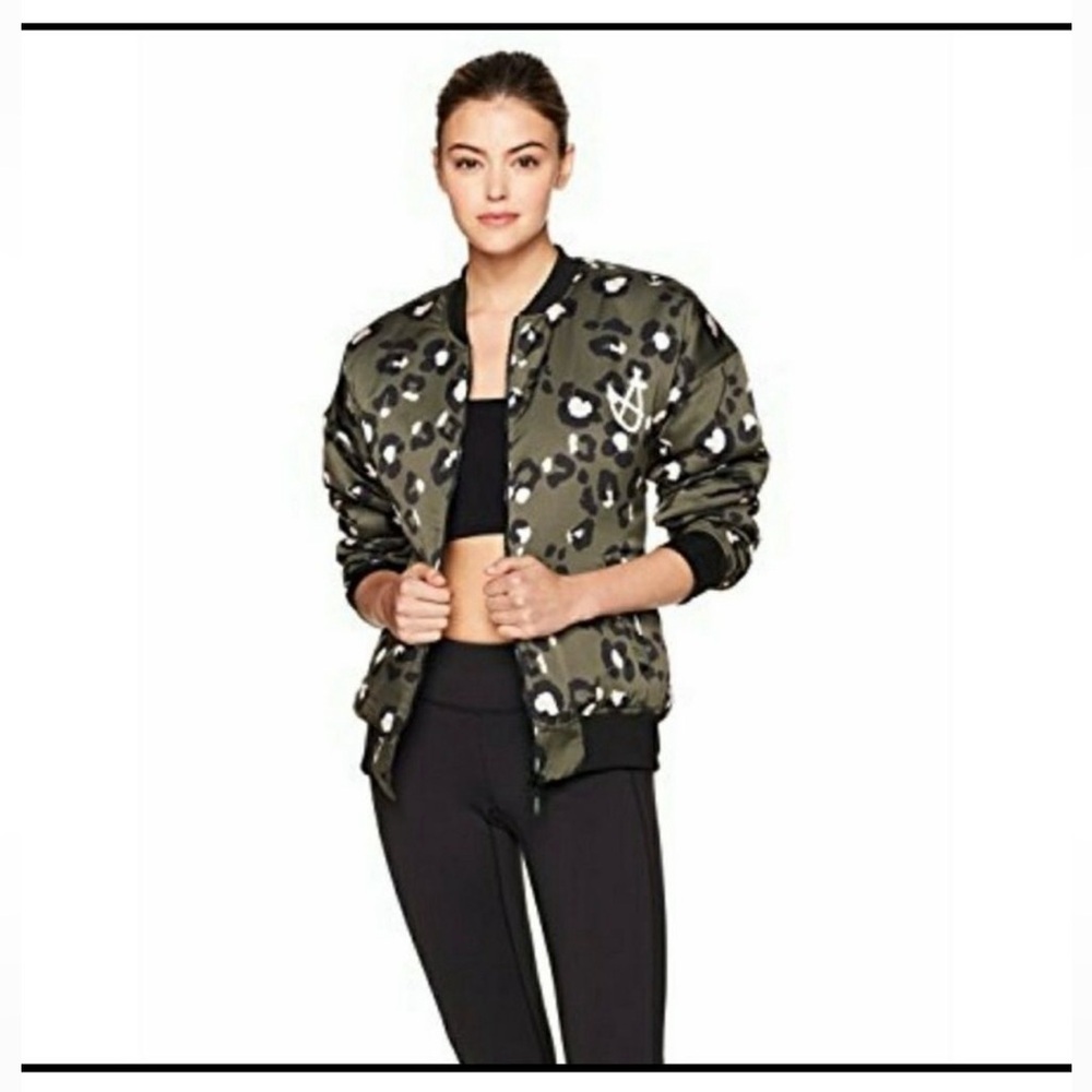 Mink Pink olive green and pink leopard print bomber jacket XS